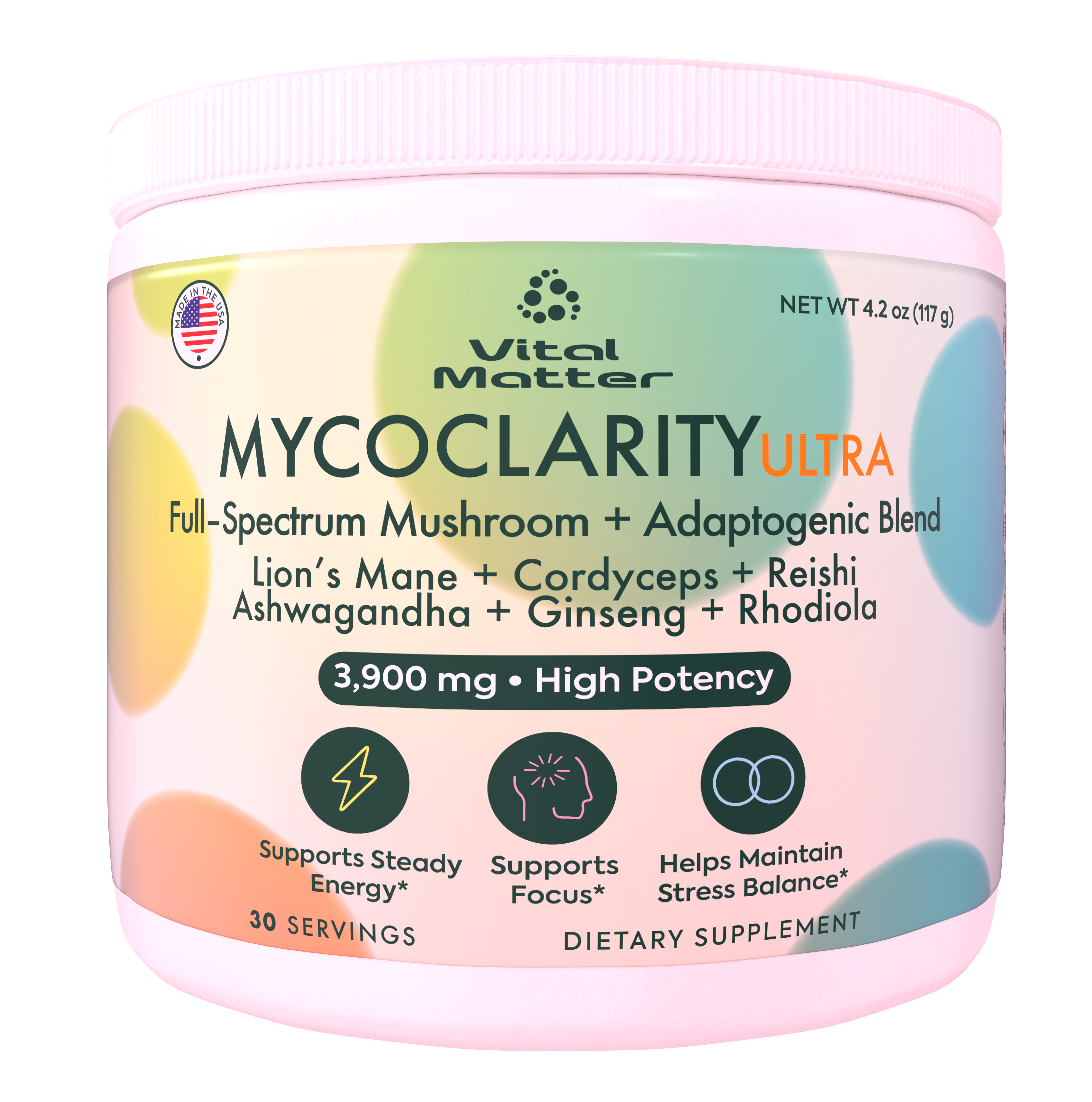 image of a man using a laptop and notepad, with Vital Matter MYCOCLARITY ULTRA product on table