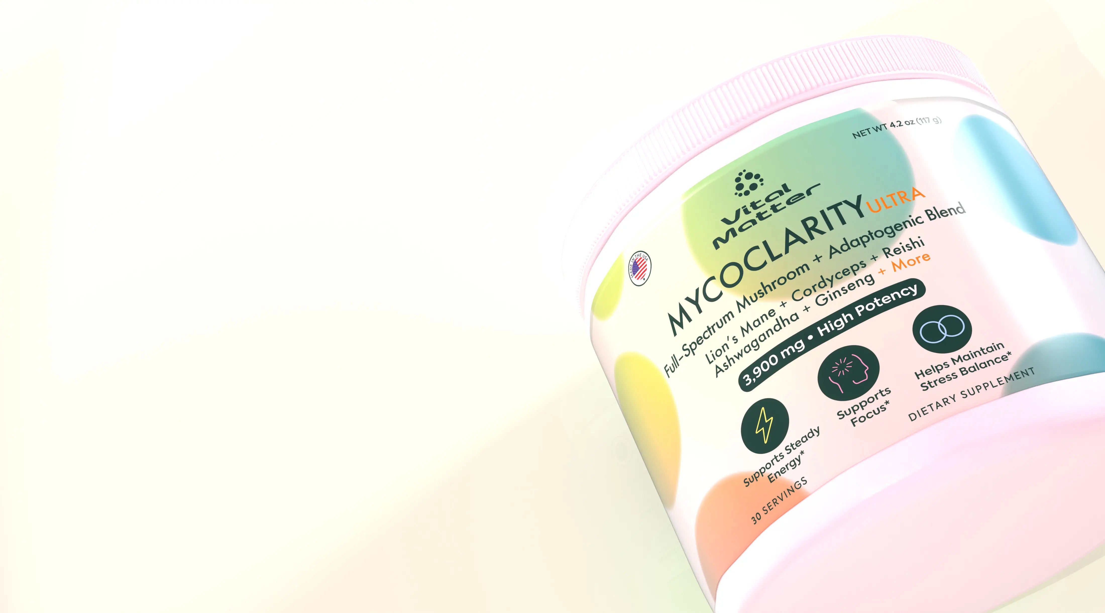 A close-up image of the Vital Matter MycoClarity Ultra supplement tub. The label shows it is a 3,900 mg high-potency mushroom and adaptogenic blend, featuring icons for 'Supports Steady Energy' and 'Supports Focus'.